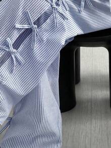 Scacto Women's Blue And White Striped Wide-Leg Pants With Side Tie And Bow, Versatile Trousers For Women. - 藍色 - 查看 4