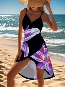 Robe de plage imprimée florale pour femmes, robe cache-maillot décontractée pour les vacances d'été - Prune - Voir 5