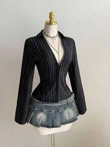 1pc Black V-Neck Striped Collar Slim Fit Button-Up Long Sleeve Sexy Blouse For Commute & Daily Wear, Winter - Black - View 3