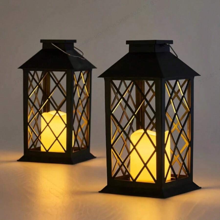 Solar Outdoor Lantern, Waterproof Hanging LED Candle Lantern, Retro Black Plaid Flameless Light With Auto On/Off, Suitable For Garden, Patio, Balcony, Porch, Wedding, Party, Home Decor - Large Palace Lantern - View 1