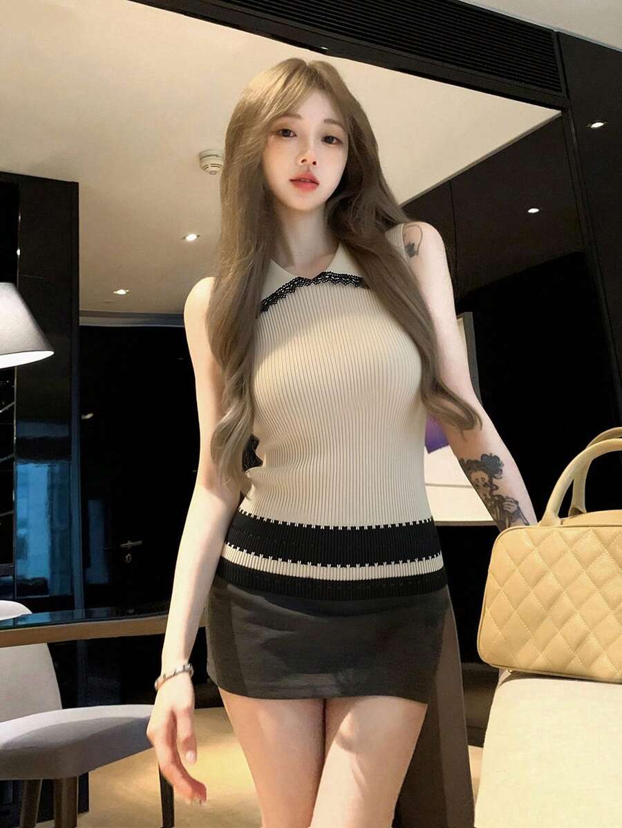 撞色彼得潘领蕾丝拼接针织背心,夏季百搭叠穿上衣 - 杏色 - 查看 1