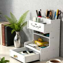 White Multifunctional Desktop Storage Rack, Space-Saving Desktop Organizer With Drawers And Tiered Shelves - Suitable For Home And Dorm Desk Storage - Rectangle - View 1