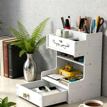 Kệ để bàn đa năng màu trắng, giá đựng đồ tiết kiệm không gian với ngăn kéo và các tầng kệ - Thích hợp để lưu trữ đồ dùng trên bàn học ở nhà và ký túc xá.