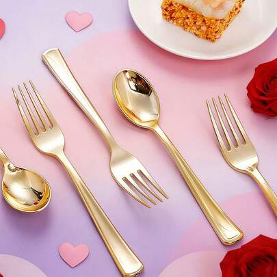 Upgraded Gold Cake Cutlery Set - Salad Spoon & Fork, Suitable For Salads, Cakes, Desserts, Various Festivals, Parties, Outdoor Activities, Restaurants, Home Events, Christmas, Kitchen Utensils