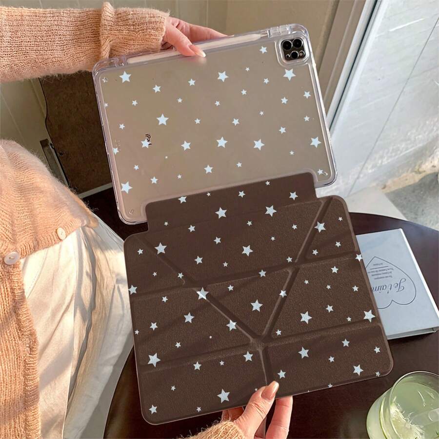 Ốp bảo vệ iPad thế hệ thứ 11 họa tiết ngôi sao xanh dễ thương, đế màu nâu tối giản, phù hợp với iPad Pro 2025, iPad Air 7/6 thế hệ mới, ốp bảo vệ máy tính bảng 11 inch có khe cắm bút cảm ứng, phù hợp cho các bạn nữ. - màu nâu - Xem 1