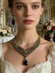 2件套黑金V形水滴形首饰套装，奢华复古设计，适合宴会/晚宴佩戴，项链和耳环套装 - 黑色 - 查看 2