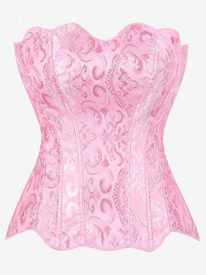 Overbust Corset Bustier, Jacquard Bust-Enhancing Top With Strapless Uplifting Design, Vintage Shapewear Bodice With Boning, Waist Cincher, Backless With Ribbon Adjustable