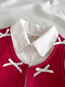 女婴时尚休闲可爱套装，公主袖简约衬衫+蝴蝶结短款背心+配套褶裥背心 - 酒紅色 - 查看 5