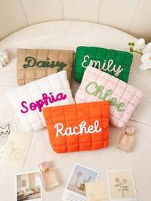 Personalized Quilted Nylon Cosmetic Bag, Custom Hand-Crocheted Name-Stitched Zippered Bag, Travel Down Bag-A Stylish, Simple, And Unique Personalized, Suitable As A, Valentine's Day, Customized Birthday, Anniversary, Couple's, Mother's Day, Wedding, Bridesmaid, Party, New Year's, Best Friend, Or A Her. - Multicolor - View 3
