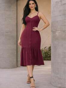 Long Dress In Viscose Linen, Plain, With Thin Straps, Buttons Down The Front, Padded Cups And Lining. Elasticated Back. - Burgundy - View 12
