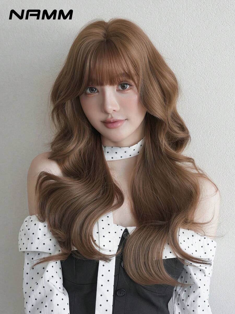NAMM Peruca Longa Ondulada Marrom de 24 Polegadas para Mulheres, Peruca Encaracolada Volumosa com Franja, Fibra Sintética Cabelo Completo Máquina Perucas de Fantasia para Uso Diário no Escritório - Festa de Festival de Música - Fantasia Cosplay - Celebrações de Sakura Glam & Party Streetwear Fotografia - Acessórios de Peruca Presente para Meninas