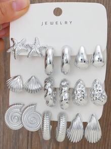 3/9 paires de boucles d'oreilles en résine argent bohème pour femmes, boucles d'oreilles créoles en forme de larme avec étoile de mer et coquillage. Bijoux pour porter au quotidien, en vacances d'été. Cadeau d'anniversaire pour maman, petite amie et amies - Argent - Voir 2