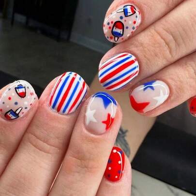 Bộ 24 móng giả hình vuông dễ thương màu đỏ, xanh dương và trắng sọc hình ngôi sao, hình ngôi sao 5 cánh và họa tiết chấm bi, kèm 1 miếng gel dẻo và 1 dũa móng, thích hợp cho bé gái và phụ nữ sử dụng hàng ngày, đặc biệt cho ngày Quốc khánh, lễ hội và các dịp khác.