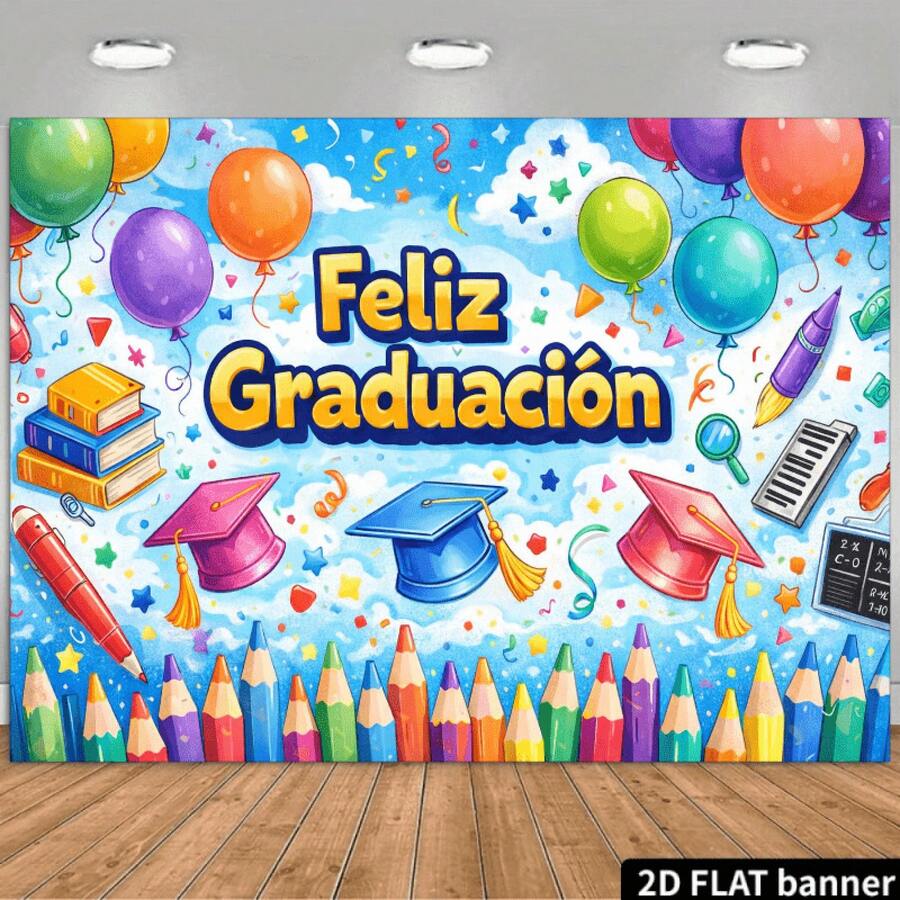 Spanish Graduation Backdrop With "Feliz Graduación" & Chalkboard - Multicolor Latin-Themed Cap & Books Decor Suitable For Graduation Parties, Birthdays, Weddings - For Spanish Events, Photo Background, Backdrop, Party Decoration Backdrop, Tapestries, Tapestry,, Home Decor. - 多色 - 查看 1