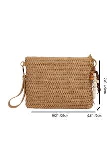 Beaded Flower Decor Straw Clutch Envelope Bag, Beach Style Zipper Wristlet, Beach Photo Prop, Woven Daily Commute Organizer Pouch, Beach Carry-All Phone Bag - Khaki - View 13