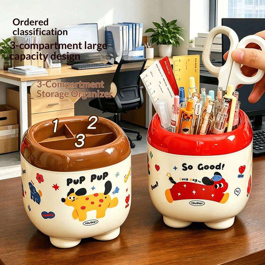 可爱笔筒桌面收纳盒,三隔层大容量塑料创意文具收纳桶,卡通风格多功能化妆刷收纳盒,学生、办公室、家居的理想礼物 - 筆筒 - 查看 1