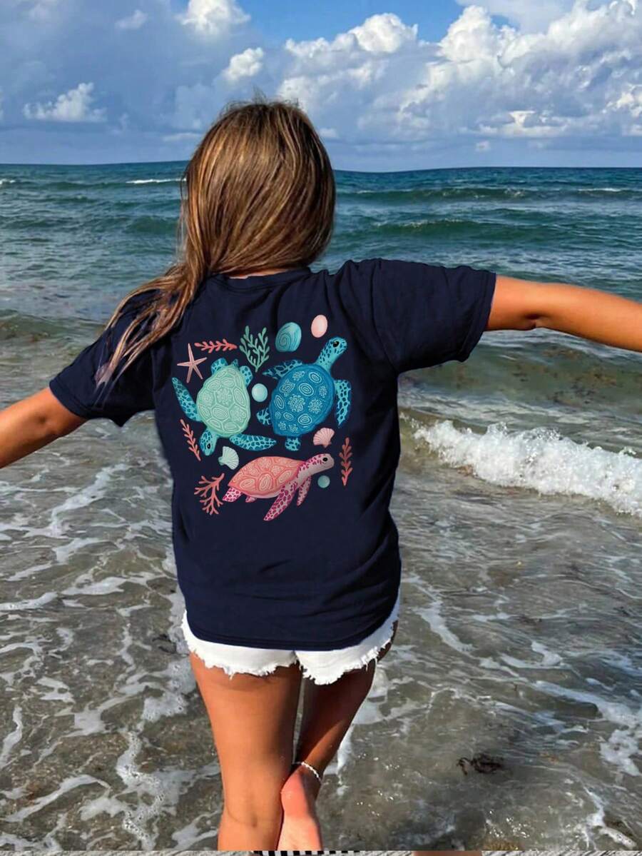 Tricou albastru-marin pentru fete adolescente, cu imprimeu tropical de broaște țestoase, lejer, cu mânecă scurtă, pentru vacanță la plajă - Albastru marin - Vizualizare 1