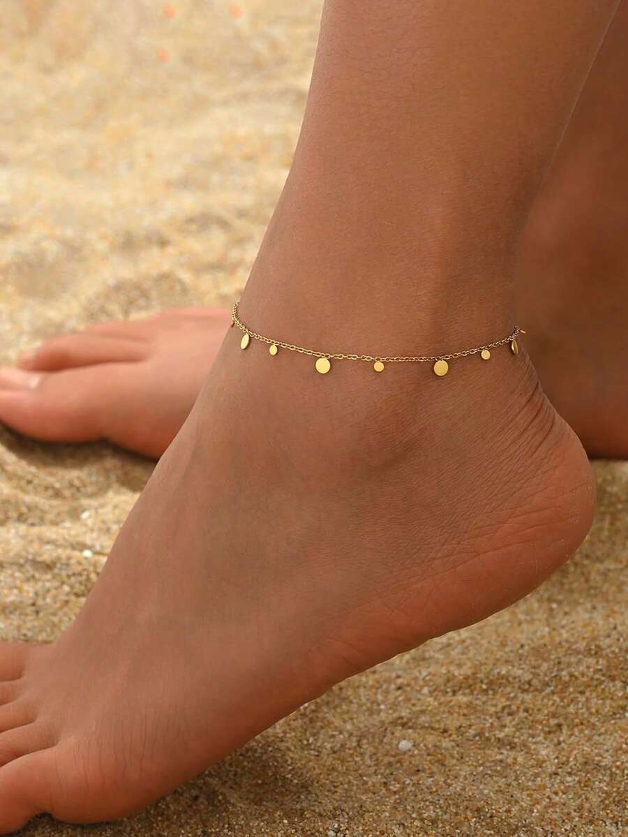 1 pièce Bracelet de cheville rond minimaliste à la mode en acier inoxydable, bracelet de cheville pendentif géométrique élégant et mignon en or 18 carats, convient pour les tenues quotidiennes et les vêtements de plage des femmes - Pendentif disque en or - Voir 1