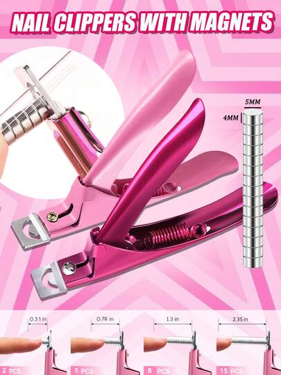 Nail Clippers,False Nail Tip Cutter,Adjustable Nail Clippers,Acrylic Nail Cutter With 15PCS Magnet,Violet Red Premium Adjustable Nail Clippers With Magnets Sizers For Acrylic Nails, Stainless Steel Nail Cutter Trimmer For Artificial Fake False Tips Manicure Sharp Blade Clip Tool For Salon Beauty,Metal Premium Nail Clippers With Magnets Sizers For Acrylic Nails