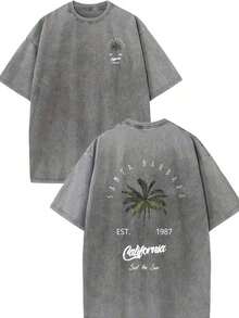 Men's Washed Graphic Print T-Shirts - "Santa Barbara California" Palm Tree Design, Groove Clothing, 100% Pure Cotton Double-Sided Print T-Shirt, Suitable For Men And Women, Best Summer Gift, Casual Short Sleeve T-Shirt - Streetwear Y2K, 100% Cotton Tops, Gifts For Boyfriend And Husband. - 灰色 - 查看 6