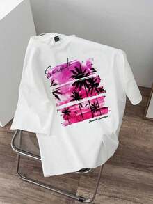 Men's T-Shirt With Letter And Palm Tree Pattern, Round Neck, White, Short Sleeve, Vacation - White - View 2