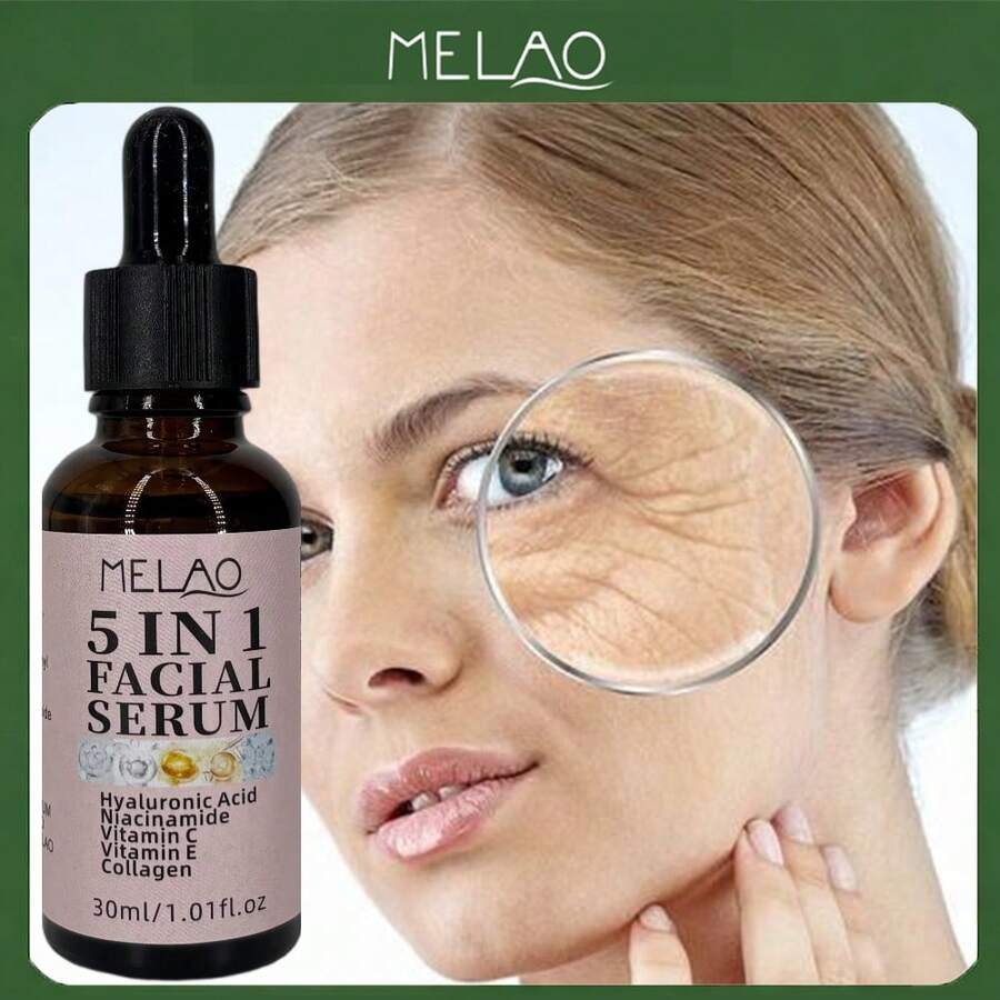 MELAO 5合1抗衰老面部精华液，蕴含透明质酸、烟酰胺、维生素C、维生素E和胶原蛋白，深层补水、提亮肤色、减少皱纹，适合所有肤质，30毫升/1.01液盎司 - 藕粉色 - 查看 1