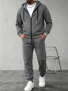 两件套深灰色长款连帽衫套装，男士休闲抽绳连帽拉链卫衣+长款抽绳运动裤 - 深灰色 - 查看 15