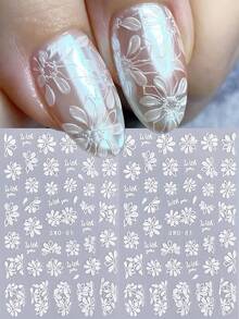 SWEET TREND 5D白色花瓣美甲贴纸2片装镂空水仙花蕾丝花朵春夏印花DIY时尚优雅浪漫婚礼自粘凝胶指甲油贴纸滑块美甲装饰 - 白色 - 查看 1