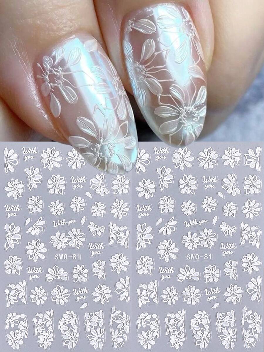 SWEET TREND 5D白色花瓣美甲贴纸2片装镂空水仙花蕾丝花朵春夏印花DIY时尚优雅浪漫婚礼自粘凝胶指甲油贴纸滑块美甲装饰 - 白色 - 查看 1