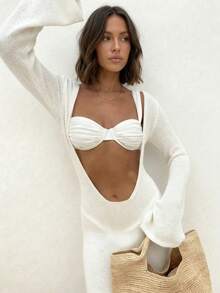 New Spring/Summer Knit Maxi Dress, Deep V Hollow-Out Design At Waist & Abdomen, Loose Relaxed Fit, Sexy & Mature Resort Style, Suitable For Beach, Seaside, Swimming Vacation - Beige - View 3