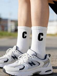 1 Pair Women's Mid-Calf Socks, Versatile Shark Print Long Socks, Casual Sports Socks, Merrald Letter Socks - Multicolor - View 7