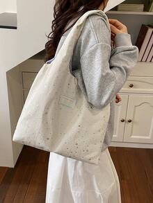 1pc Women's Contrast Color Nylon Shoulder Tote Bag, Fashion Large Capacity 5-Star Decor, Suitable For Shopping, Vacation, Travel - Beige - View 6