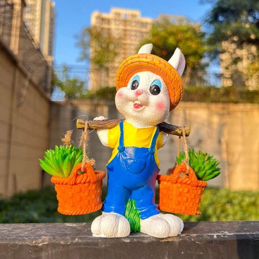 可爱兔子造型花盆装饰/创意多肉植物种植容器/户外庭院花园装饰/卡通动物工艺品/家居书桌玄关景观摆件/独特园艺装饰礼品,萌兔扛花盆,室内外皆宜 - 26003-1白色挑擔花盆(不含綠色植物) - 查看 1