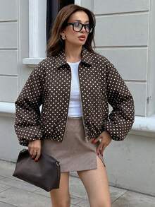 Women's Brown Polka Dot Zip Pocket Jacket - Casual Loose Lapel Spring/Autumn Coat - Brown - View 9