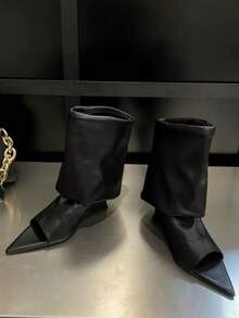 Pointed Toe Slim Heel Thigh High Boots, Flattering Slim Fit, Open Toe, Versatile Fashion Boots - Black - View 2
