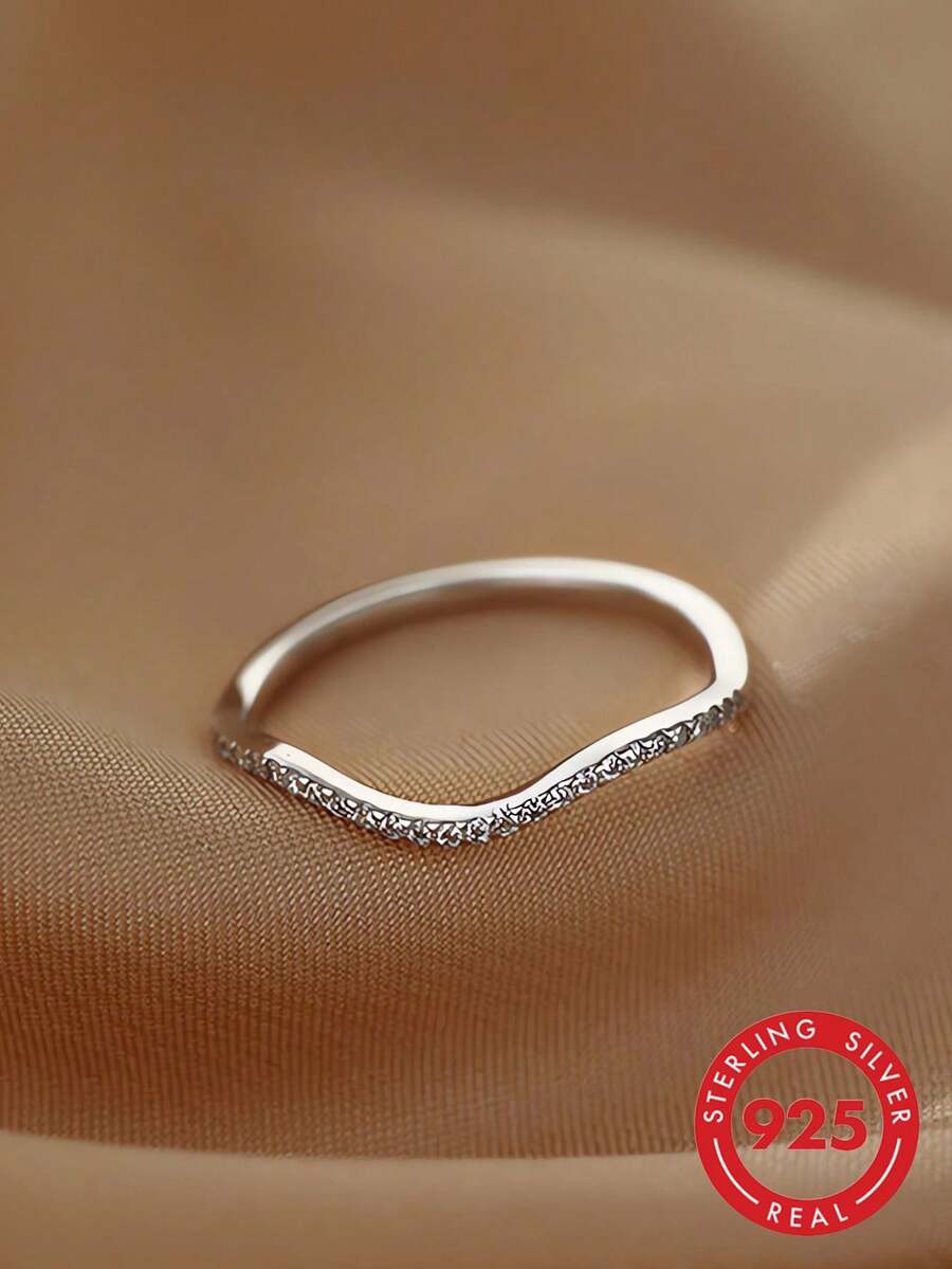 GAGAFEEL 1pc S925 Sterling Silver Wave Design Zirconia Inlaid Ring, New Simple Style Fashionable Personalized Index Finger Ring