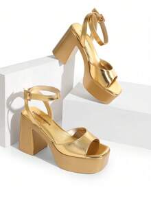 Women Platform Chunky High Heeled Sandals Open Toe Buckle Decor Ankle Strap Heeled Sandals - 金色 - 查看 4