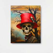 Pintura profesional para adultos con números - Con una calavera con un sombrero de copa rojo rodeada de rosas, juego de lienzo de 16X20 pulgadas, viene con pinturas acrílicas y pinceles, perfecto para decoración del hogar, Halloween, cumpleaños y días festivos - Enmarcado - Ver 1