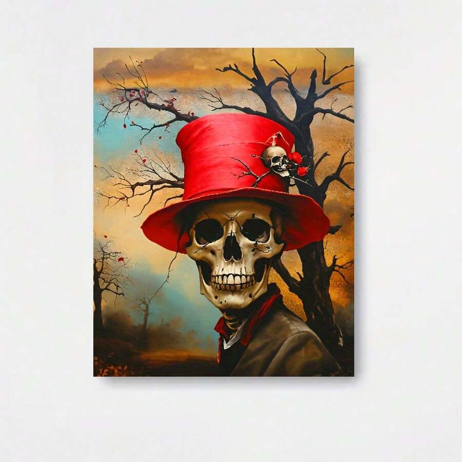 Pintura profesional para adultos con números - Con una calavera con un sombrero de copa rojo rodeada de rosas, juego de lienzo de 16X20 pulgadas, viene con pinturas acrílicas y pinceles, perfecto para decoración del hogar, Halloween, cumpleaños y días festivos - Enmarcado - Ver 1