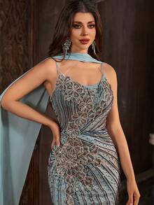 Captivant robe de soirée sirène asymétrique à fleurs et perles - Robe de soirée maxi scintillante avec châle dramatique de longueur plancher, robe de soirée formelle de luxe bleu ardoise pour mariage et fête - Bleu ciel - Voir 6