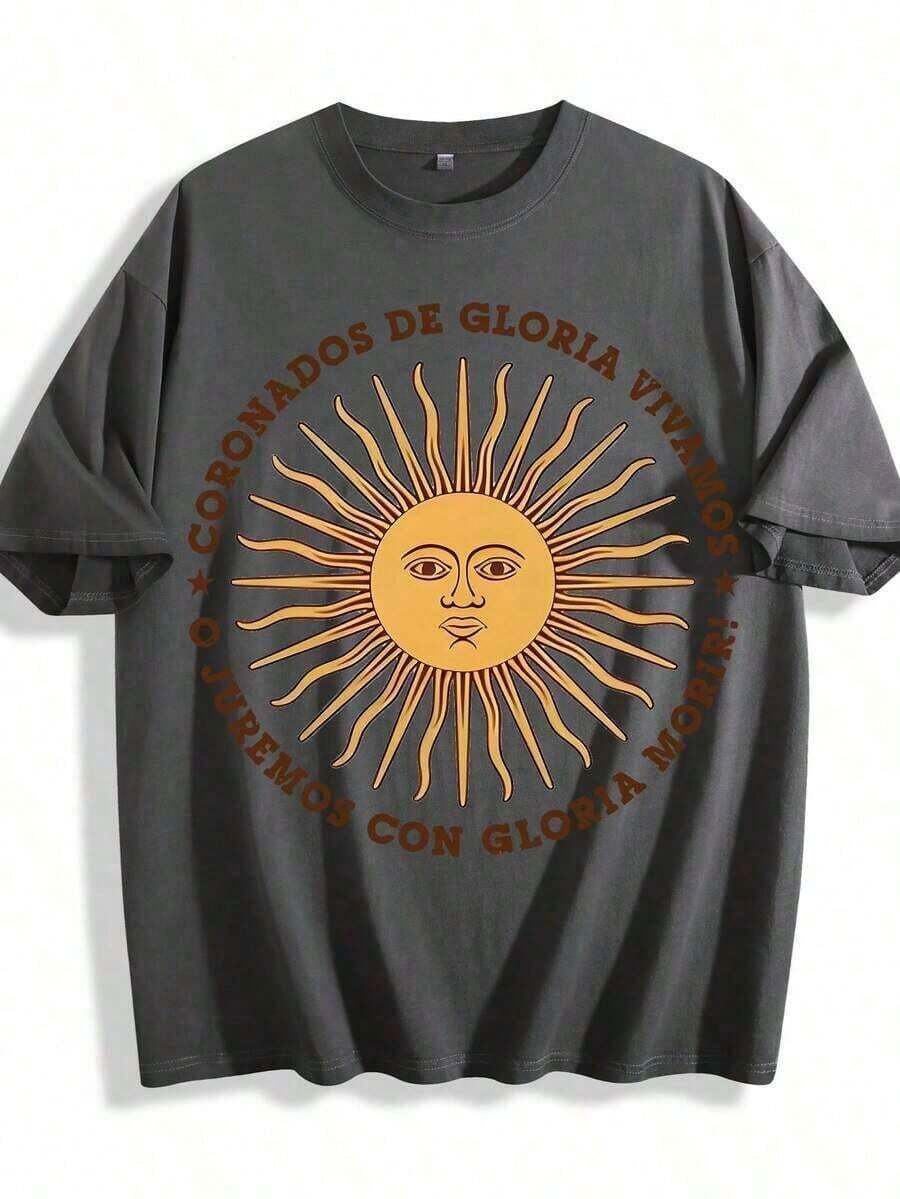 New Hot Selling2026 Summer Tops Retro Sun Face Skull Print, T-Shirt, SUBLIM Band Style Free Theme Loose Short Sleeved ShirtLoose And Comfortablesummer Clothes - 髒黑 05 - 查看 1