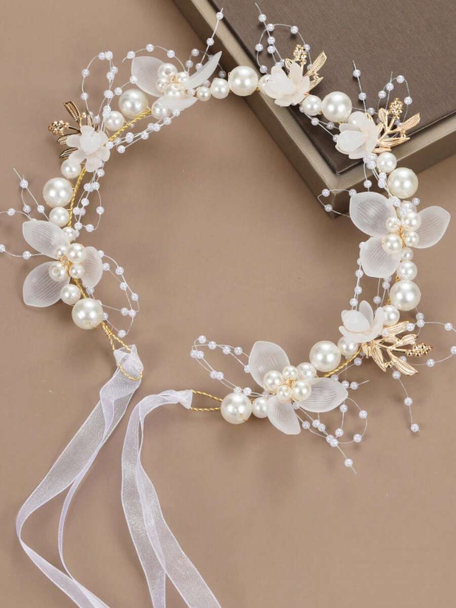 1 pieza Diadema de mujer con flores, decoración de perlas falsas y estrellas, banda de pelo de tela adecuada para bodas, verano, vacaciones, viajes, accesorios de novia, coronas, tiaras, tocados - Blanco - Ver 1