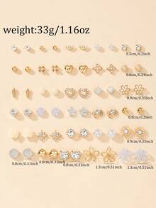 30 Pairs Assorted Flower, Star, Heart Shaped Non-Repeating Earrings Set, Minimalist Fashion Earring Studs Jewelry Gift Set For Women, Suitable For Outdoor, Travel, Casual Wear - Yellow Gold - View 5
