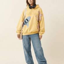 Women Y2K Pullover Hoodie Oversized Yellow Sweatshirt 3D Floral Shark Applique Letter Embroidery Patchwork Casual  Streetwear Fall Outerwear - 黃色 - 查看 4