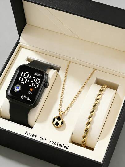 Bộ đồng hồ mô phỏng thời trang và thanh lịch dành cho tuổi teen, dây đeo silicon, họa tiết trang trí quả bóng đá, đồng hồ kỹ thuật số LED vuông và vòng cổ/vòng tay hình quả bóng đá, món quà sinh nhật tuyệt vời nhất dành cho phái nữ, phù hợp cho sử dụng hàng ngày, dự tiệc, lễ hội, tựu trường.