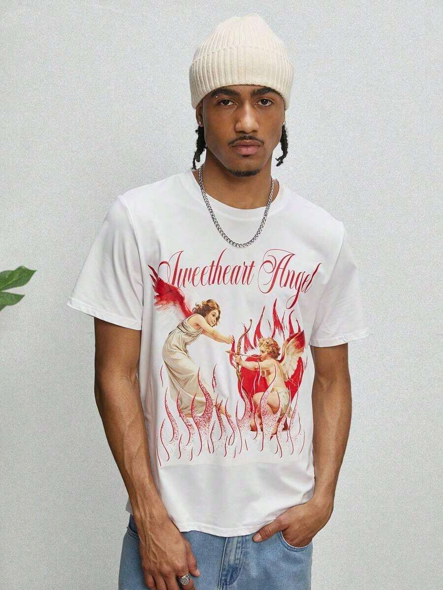 Manfinity Roughcore Men's Casual Short Sleeve Crew Neck T-Shirt With Creative And Versatile Playing Card Graphic Design - 咖啡棕 - 查看 1