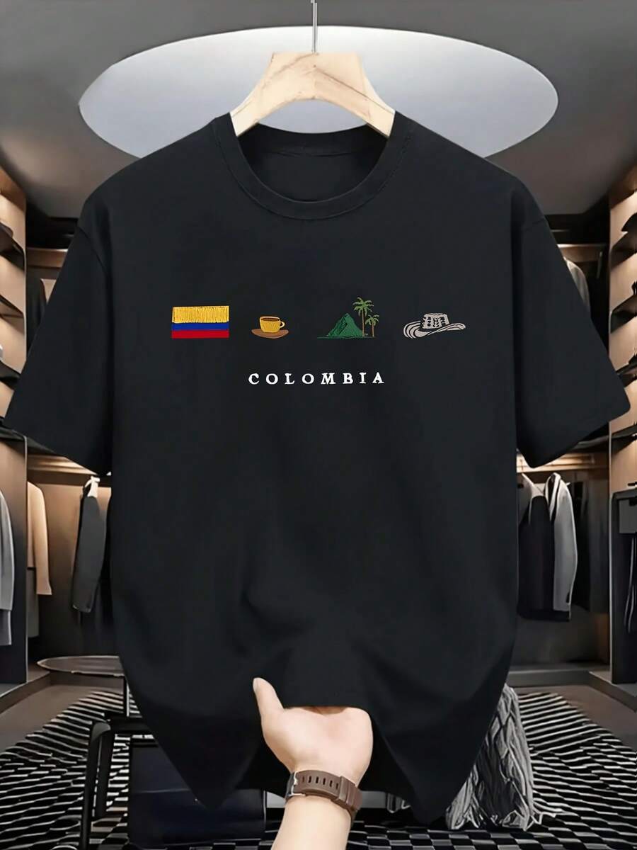 Colombian Pattern Men's T-Shirt Bold COLOMBIA Letters With Colombian Cultural Logo Print, Bright Red, Short-Sleeved, Casual Summer Top, Regular Fit, Machine Washable, Comfortable Fabric, Breathable Soft Fabric Crew Neck Tops For Men - 黑色 - 查看 1