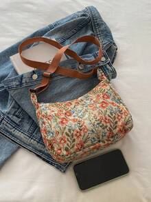 Fashionable Large Capacity Printed Patchwork Fabric Underarm Shoulder Tote Bag - Brown - View 9