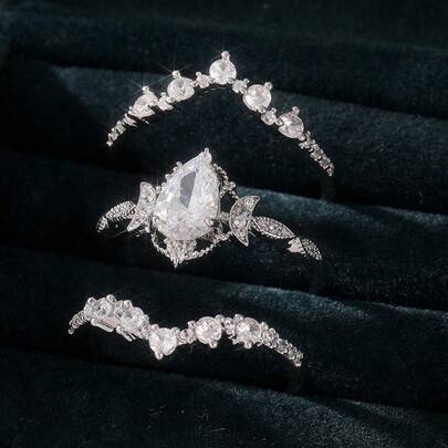 3件套复古梨形立方氧化锆新月形订婚戒指套装，装饰艺术风格，理想的订婚礼物