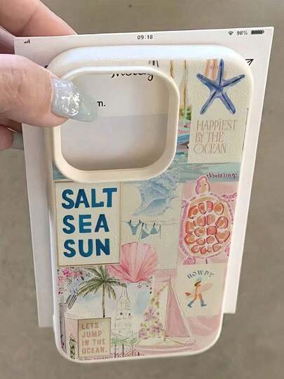 1pc White Pebbled Matte Lens Protection Simple Beach Coconut Tree Bow Ocean Elements Starfish Shell Flower Pattern Phone Case, Personalized Compatible With Iphone 16 Pro Max, 17/16/15/14 Plus/13/12/11, Air, Series